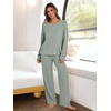 image:imageANRABESS Women 2 Piece Lounge Pajamas Sets Casual Ribbed Knit Long Sleeve Top Pants Matching Set 2026 Fall Outfits ClothesLight Green