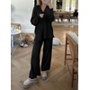 image:imageANRABESS Women Two Piece Outfits Sweater Sets Lounge Waffle Knit Pullover Matching Wide Leg Pants Tracksuit 2025 Fall Fashion Black Medium