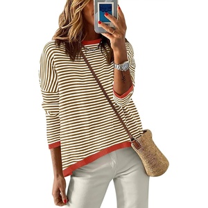 image:imageANRABESS Sweaters for Women Striped Top Fall Outfits  Color Block Long Sleeve Shirts Crewneck High Low Hem Soft Lightweight Knit Pullover Sweater Loose Fit Casual Daily WearBrown White Orange