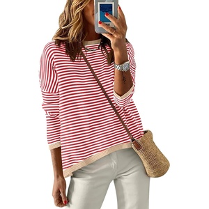 image:imageANRABESS Sweaters for Women Striped Top Fall Outfits  Color Block Long Sleeve Shirts Crewneck High Low Hem Soft Lightweight Knit Pullover Sweater Loose Fit Casual Daily WearRed White Apricot