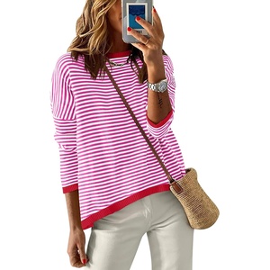 image:imageANRABESS Sweaters for Women Striped Top Fall Outfits  Color Block Long Sleeve Shirts Crewneck High Low Hem Soft Lightweight Knit Pullover Sweater Loose Fit Casual Daily WearRed White Pink
