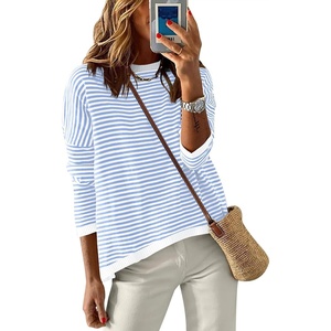 image:imageANRABESS Sweaters for Women Striped Top Fall Outfits  Color Block Long Sleeve Shirts Crewneck High Low Hem Soft Lightweight Knit Pullover Sweater Loose Fit Casual Daily WearWhite Blue
