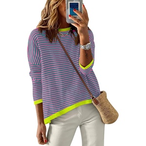 image:imageANRABESS Sweaters for Women Striped Top Fall Outfits  Color Block Long Sleeve Shirts Crewneck High Low Hem Soft Lightweight Knit Pullover Sweater Loose Fit Casual Daily WearPink Green