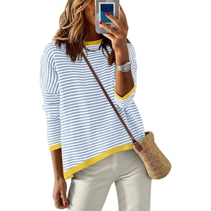 image:imageANRABESS Sweaters for Women Striped Top Fall Outfits  Color Block Long Sleeve Shirts Crewneck High Low Hem Soft Lightweight Knit Pullover Sweater Loose Fit Casual Daily WearBlue White Yellow