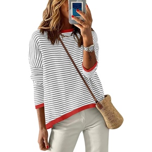 image:imageANRABESS Sweaters for Women Striped Top Fall Outfits  Color Block Long Sleeve Shirts Crewneck High Low Hem Soft Lightweight Knit Pullover Sweater Loose Fit Casual Daily WearGrey White Orange