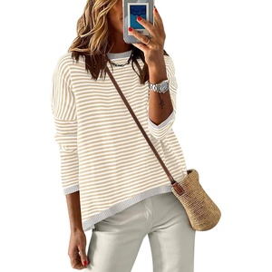 image:imageANRABESS Sweaters for Women Striped Top Fall Outfits  Color Block Long Sleeve Shirts Crewneck High Low Hem Soft Lightweight Knit Pullover Sweater Loose Fit Casual Daily WearApricot White Grey