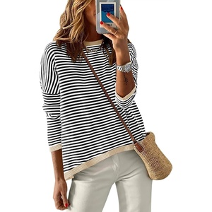 image:imageANRABESS Sweaters for Women Striped Top Fall Outfits  Color Block Long Sleeve Shirts Crewneck High Low Hem Soft Lightweight Knit Pullover Sweater Loose Fit Casual Daily WearBlack White Apricot