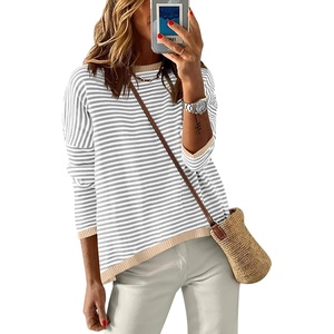 image:imageANRABESS Sweaters for Women Striped Top Fall Outfits  Color Block Long Sleeve Shirts Crewneck High Low Hem Soft Lightweight Knit Pullover Sweater Loose Fit Casual Daily WearGrey White Apricot