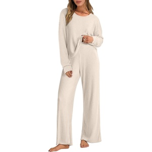 image:imageANRABESS Women 2 Piece Lounge Pajamas Sets Casual Ribbed Knit Long Sleeve Top Pants Matching Set 2026 Fall Outfits ClothesBeige