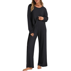 image:imageANRABESS Women 2 Piece Lounge Pajamas Sets Casual Ribbed Knit Long Sleeve Top Pants Matching Set 2026 Fall Outfits ClothesBlack