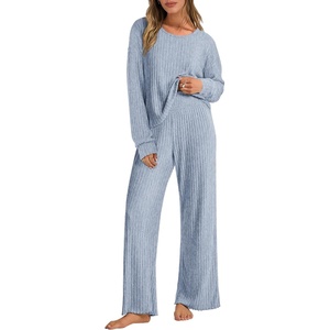 image:imageANRABESS Women 2 Piece Lounge Pajamas Sets Casual Ribbed Knit Long Sleeve Top Pants Matching Set 2026 Fall Outfits ClothesBlue