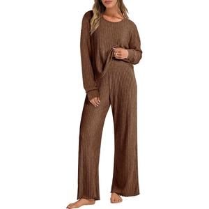image:imageANRABESS Women 2 Piece Lounge Pajamas Sets Casual Ribbed Knit Long Sleeve Top Pants Matching Set 2026 Fall Outfits ClothesBrown