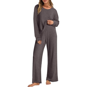 image:imageANRABESS Women 2 Piece Lounge Pajamas Sets Casual Ribbed Knit Long Sleeve Top Pants Matching Set 2026 Fall Outfits ClothesDark Brown