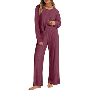 image:imageANRABESS Women 2 Piece Lounge Pajamas Sets Casual Ribbed Knit Long Sleeve Top Pants Matching Set 2026 Fall Outfits ClothesDark Red