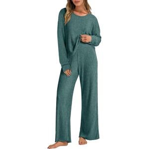 image:imageANRABESS Women 2 Piece Lounge Pajamas Sets Casual Ribbed Knit Long Sleeve Top Pants Matching Set 2026 Fall Outfits ClothesGreen
