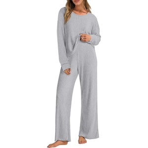 image:imageANRABESS Women 2 Piece Lounge Pajamas Sets Casual Ribbed Knit Long Sleeve Top Pants Matching Set 2026 Fall Outfits ClothesGrey