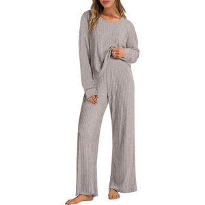 image:imageANRABESS Women 2 Piece Lounge Pajamas Sets Casual Ribbed Knit Long Sleeve Top Pants Matching Set 2026 Fall Outfits ClothesGrey Khaki