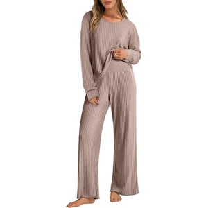 image:imageANRABESS Women 2 Piece Lounge Pajamas Sets Casual Ribbed Knit Long Sleeve Top Pants Matching Set 2026 Fall Outfits ClothesKhaki