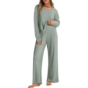 image:imageANRABESS Women 2 Piece Lounge Pajamas Sets Casual Ribbed Knit Long Sleeve Top Pants Matching Set 2026 Fall Outfits ClothesLight Green