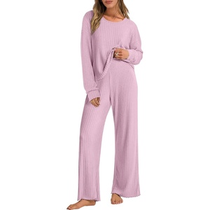 image:imageANRABESS Women 2 Piece Lounge Pajamas Sets Casual Ribbed Knit Long Sleeve Top Pants Matching Set 2026 Fall Outfits ClothesPink