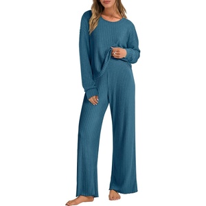 image:imageANRABESS Women 2 Piece Lounge Pajamas Sets Casual Ribbed Knit Long Sleeve Top Pants Matching Set 2026 Fall Outfits ClothesTeal