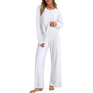 image:imageANRABESS Women 2 Piece Lounge Pajamas Sets Casual Ribbed Knit Long Sleeve Top Pants Matching Set 2026 Fall Outfits ClothesWhite