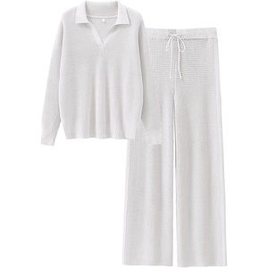 image:imageANRABESS Women Two Piece Outfits Sweater Sets Lounge Waffle Knit Pullover Matching Wide Leg Pants Tracksuit 2026 Fall FashionWhite