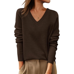 image:imageANRABESS Womens 100 Wool Sweaters V Neck Long Sleeve Work Business Casual Basic Pullover Sweater Tops 2026 Fall OutfitsBrown