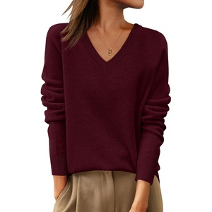 image:imageANRABESS Womens 100 Wool Sweaters V Neck Long Sleeve Work Business Casual Basic Pullover Sweater Tops 2026 Fall OutfitsDark Red