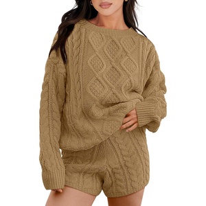 image:imageANRABESS Womens 2 Piece Outfits Sweater Lounge Sets  Cable Knit Oversized Sweaters Shorts Matching Sets Soft Breathable Warm Loungewear 2026 Winter Fashion ClothesKhaki