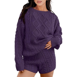 image:imageANRABESS Womens 2 Piece Outfits Sweater Lounge Sets  Cable Knit Oversized Sweaters Shorts Matching Sets Soft Breathable Warm Loungewear 2026 Winter Fashion ClothesPurple