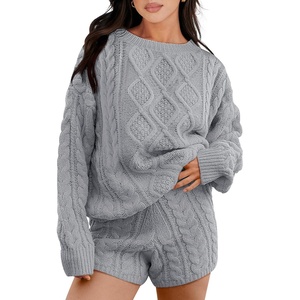 image:imageANRABESS Womens 2 Piece Outfits Sweater Lounge Sets  Cable Knit Oversized Sweaters Shorts Matching Sets Soft Breathable Warm Loungewear 2026 Winter Fashion ClothesSilver Grey