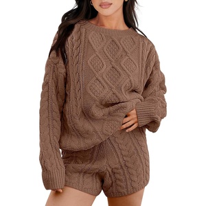 image:imageANRABESS Womens 2 Piece Outfits Sweater Lounge Sets  Cable Knit Oversized Sweaters Shorts Matching Sets Soft Breathable Warm Loungewear 2026 Winter Fashion ClothesCoffee