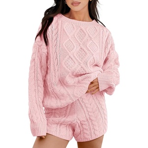 image:imageANRABESS Womens 2 Piece Outfits Sweater Lounge Sets  Cable Knit Oversized Sweaters Shorts Matching Sets Soft Breathable Warm Loungewear 2026 Winter Fashion ClothesPink