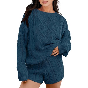 image:imageANRABESS Womens 2 Piece Outfits Sweater Lounge Sets  Cable Knit Oversized Sweaters Shorts Matching Sets Soft Breathable Warm Loungewear 2026 Winter Fashion ClothesTeal