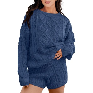 image:imageANRABESS Womens 2 Piece Outfits Sweater Lounge Sets  Cable Knit Oversized Sweaters Shorts Matching Sets Soft Breathable Warm Loungewear 2026 Winter Fashion ClothesNavy Blue