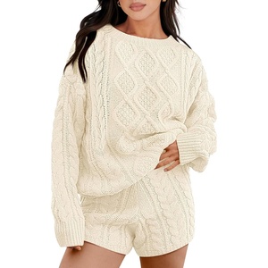 image:imageANRABESS Womens 2 Piece Outfits Sweater Lounge Sets  Cable Knit Oversized Sweaters Shorts Matching Sets Soft Breathable Warm Loungewear 2026 Winter Fashion ClothesBeige