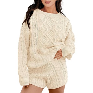 image:imageANRABESS Womens 2 Piece Outfits Sweater Lounge Sets  Cable Knit Oversized Sweaters Shorts Matching Sets Soft Breathable Warm Loungewear 2026 Winter Fashion ClothesApricot