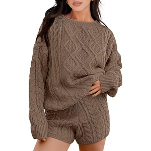 image:imageANRABESS Womens 2 Piece Outfits Sweater Lounge Sets  Cable Knit Oversized Sweaters Shorts Matching Sets Soft Breathable Warm Loungewear 2026 Winter Fashion ClothesBrown