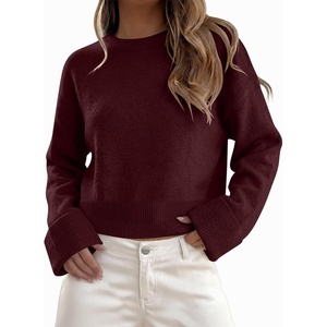 image:imageANRABESS Womens Cropped Crewneck Long Sleeve Pullover Sweaters  Lightweight Business Casual Shirts Fall Soft Ribbed Hem Rolled Cuffs Knit Tops Daily Office Work Winter Layer ClothesDrak Red