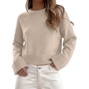 image:imageANRABESS Womens Cropped Crewneck Long Sleeve Pullover Sweaters  Lightweight Business Casual Shirts Fall Soft Ribbed Hem Rolled Cuffs Knit Tops Daily Office Work Winter Layer ClothesAlmond