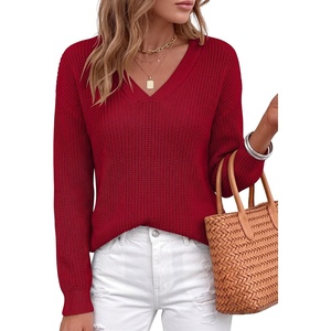 image:imageANRABESS Womens Fall V Neck Sweater Long Sleeve Knit Tops  2026 Cozy Spilt Hem Tunic Dressy Casual Clothing Soft Warm Classic Pullover Trendy Winter OutfitsRed