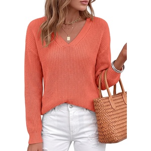 image:imageANRABESS Womens Fall V Neck Sweater Long Sleeve Knit Tops  2026 Cozy Spilt Hem Tunic Dressy Casual Clothing Soft Warm Classic Pullover Trendy Winter OutfitsOrange