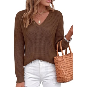 image:imageANRABESS Womens Fall V Neck Sweater Long Sleeve Knit Tops  2026 Cozy Spilt Hem Tunic Dressy Casual Clothing Soft Warm Classic Pullover Trendy Winter OutfitsCoffee