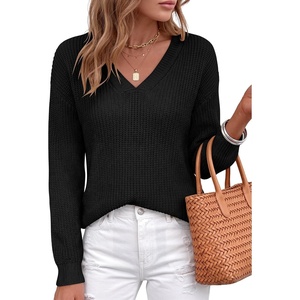 image:imageANRABESS Womens Fall V Neck Sweater Long Sleeve Knit Tops  2026 Cozy Spilt Hem Tunic Dressy Casual Clothing Soft Warm Classic Pullover Trendy Winter OutfitsBlack