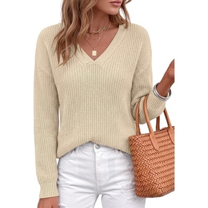 image:imageANRABESS Womens Fall V Neck Sweater Long Sleeve Knit Tops  2026 Cozy Spilt Hem Tunic Dressy Casual Clothing Soft Warm Classic Pullover Trendy Winter OutfitsApricot