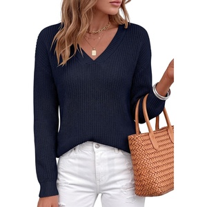 image:imageANRABESS Womens Fall V Neck Sweater Long Sleeve Knit Tops  2026 Cozy Spilt Hem Tunic Dressy Casual Clothing Soft Warm Classic Pullover Trendy Winter OutfitsNavy Blue