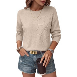 image:imageANRABESS Womens Long Sleeve Crewneck Floral Knit Fall Sweaters  Cute 3D Flower Sweater Soft Cozy Warm Trendy Pullover Top Dressy Casual Work Wear Travel Vacation Outfits Winter ClothesBeige
