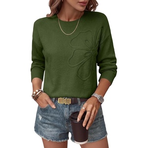 image:imageANRABESS Womens Long Sleeve Crewneck Floral Knit Fall Sweaters  Cute 3D Flower Sweater Soft Cozy Warm Trendy Pullover Top Dressy Casual Work Wear Travel Vacation Outfits Winter ClothesArmy Green