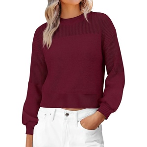 image:imageANRABESS Womens Long Sleeve Sweaters Cropped Crew Neck  Soft Warm Cozy Chunky RibbedCasual Cozy Comfy Pullover Tops Fall Winter Daily Wear Outfits ClothesWine Red